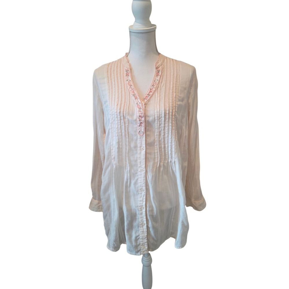 Style & Co Tunic 100% Cotton Embroidered Pintuck Relaxed Pink White Boho Sz 8